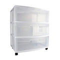 Sterilite Wide 3 Drawer Storage Cart, Plastic Rolling Cart with Wheels to Organize Clothes in Bedroom, Closet, White with Clear Drawers, 1-Pack