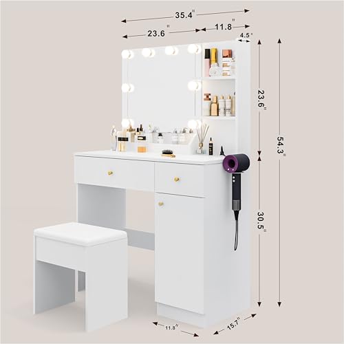 Vanity Desk with Mirror and Lights, Dimmable LED Makeup Table with Drawers and Stool, White K410427