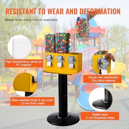 VEVOR Commercial Vending Machine, Triple Compartment Candy Dispenser with Iron Stand, Yellow K8189