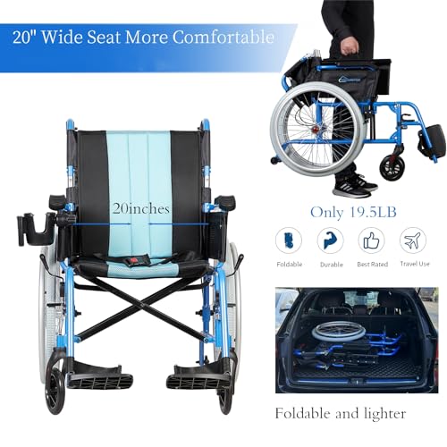 Lightweight Self-Propelled Wheelchair 20" Seat Foldable with Travel Bag T401