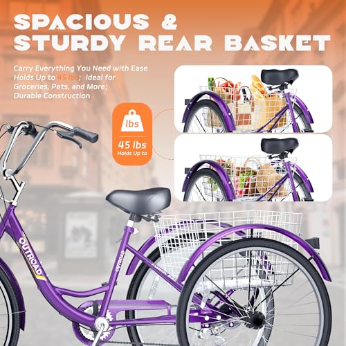 Adult Tricycle with Large Basket 24/26 Inch, 7-Speed 3-Wheel Bike I7207