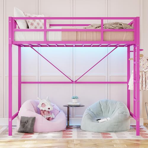 DICTAC Twin Loft Bed with Ladder and Guardrail, LED Lights, White B3802