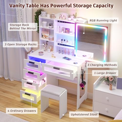 White Vanity Desk with Mirror and Lights, Charging Station, Stool D623487