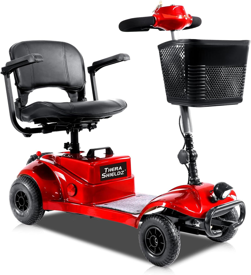 4 Wheel Mobility Scooter | Foldable and Portable Electric Scooter with Basket and Light | Compact Mobility Device Perfect for Adults, Elderly, and Travel, Red