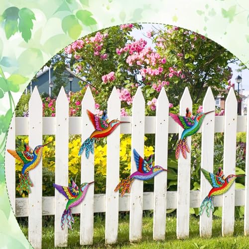 6Pcs Metal Hummingbird Wall Art Colorful Hanging Sculptures for Garden Patio G3140