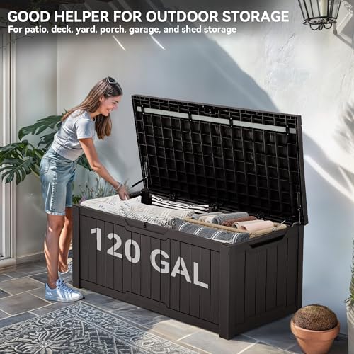 YITAHOME Outdoor Storage Box with Cushion, 120 Gallon, Lockable, Light Brown O374
