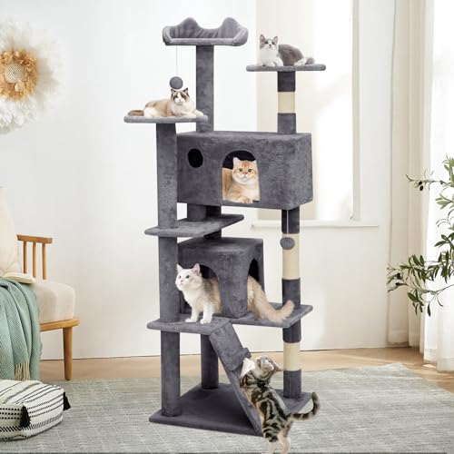 MoNiBloom Cat Tree 60 Inch with 2 Cat Condos, Scratching Post, Smoky Grey U3835