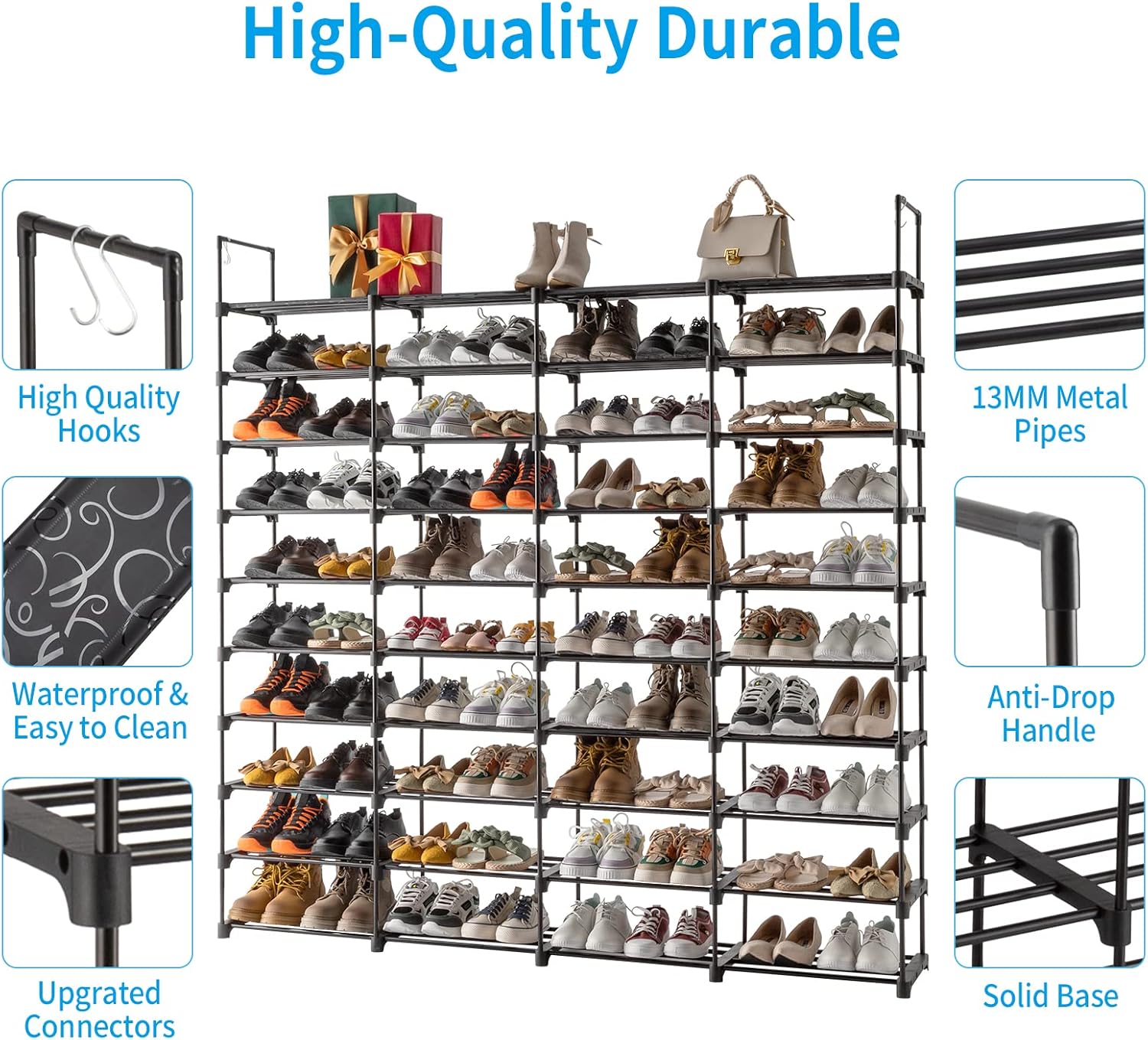 4 Row 10 Tier Large Metal Shoe Rack Organizer, Black K940252