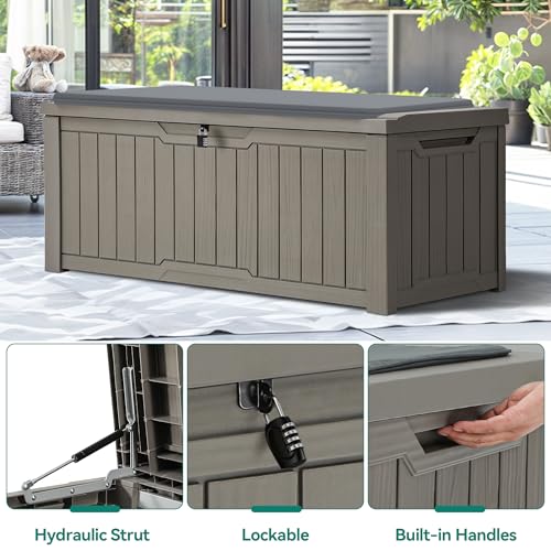 YITAHOME Outdoor Storage Box with Cushion, 120 Gallon, Lockable, Light Brown O374
