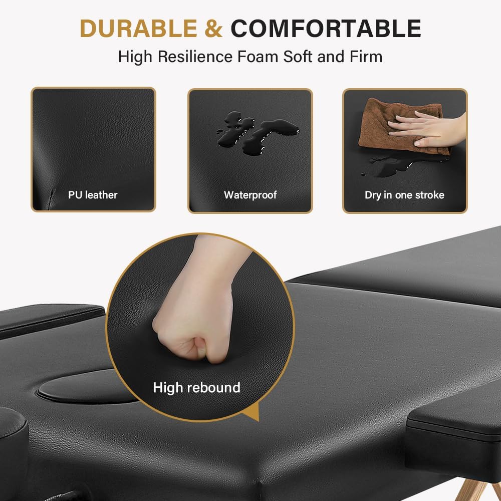 KKTONER Portable Massage Table 3 Fold Folding Bed with Carry Case, Height Adjustable, Black I184534