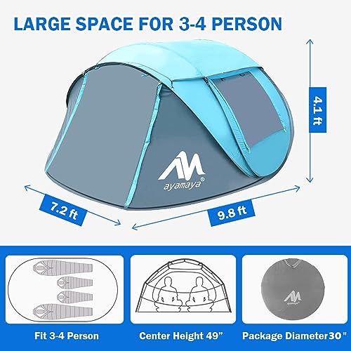 4 Person Pop Up Tent for Camping - AYAMAYA Waterproof Instant Family Tent with Skylight and Removable Rainfly I990
