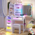 Vanity Desk with Mirror and Lights, RGB LED Makeup Vanity Desk with Charging Station, Vanity Table with Stool & Sliding Touch Mirror, Girls Vanity Set with 5 Drawers (White)