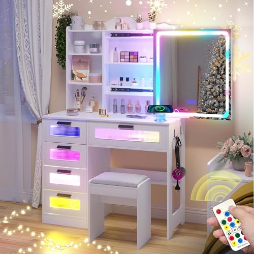 Vanity Desk with Mirror and Lights, RGB LED Makeup Vanity Desk with Charging Station, Vanity Table with Stool & Sliding Touch Mirror, Girls Vanity Set with 5 Drawers (White)