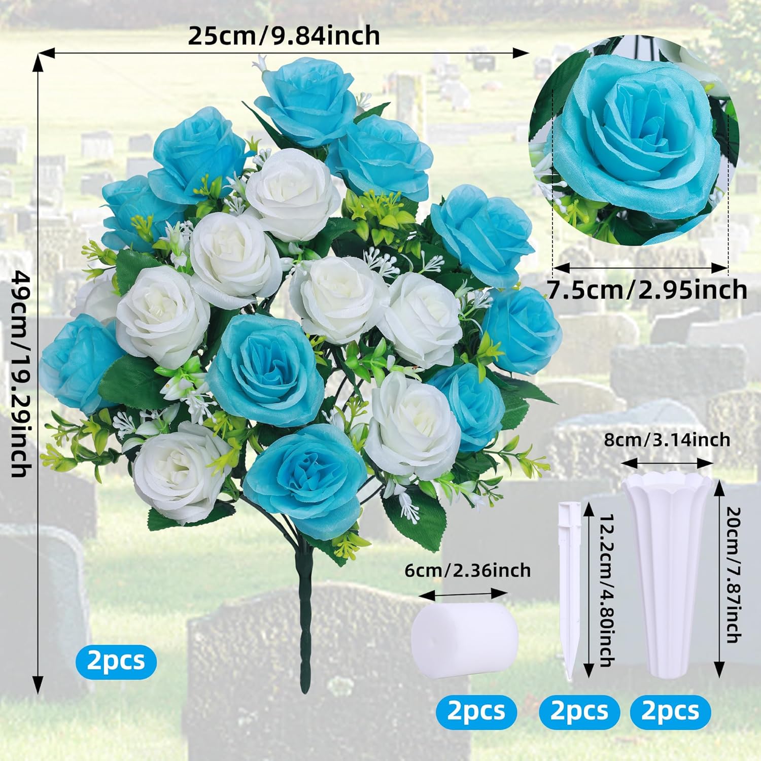 Artificial Silk Cemetery Flower Saddles with Vase for Headstone Decor (Light Blue, 2 Bouquets) Q566