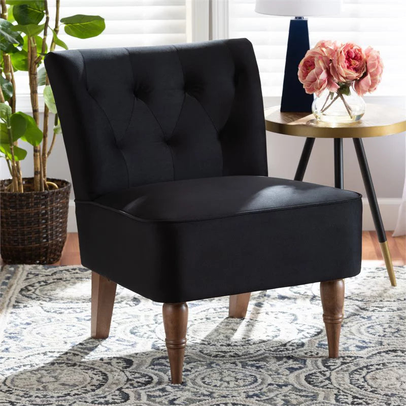 Bowery Hill Black Velvet Walnut Wood Accent Chair N790372