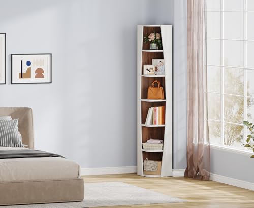 Tribesigns White and Walnut 6-Tier Corner Bookcase with Storage N44402