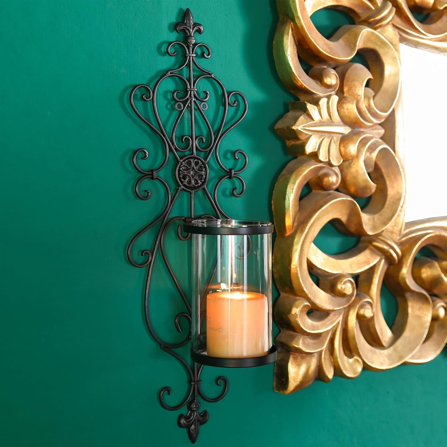 Antique Dark Brown Iron Glass Candle Wall Sconces Set of 2, 24" H V75786