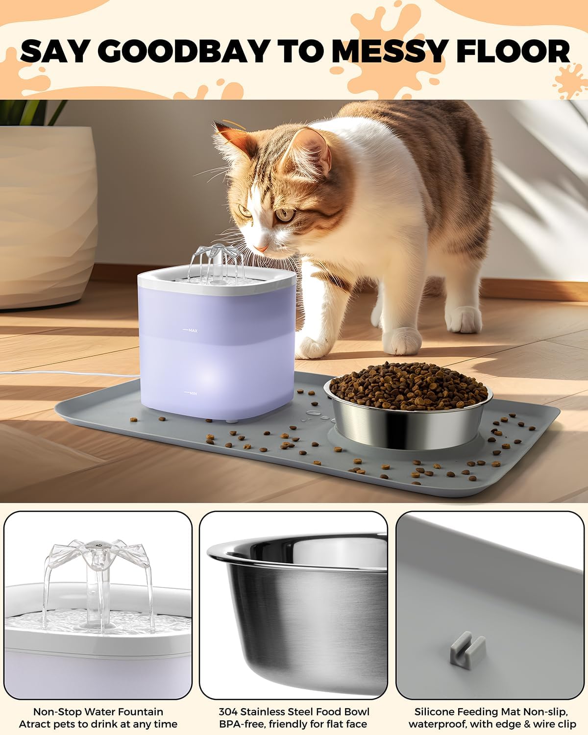 Stainless Steel Cat Water Fountain & Food Bowl Set with No Spill Mat C873650
