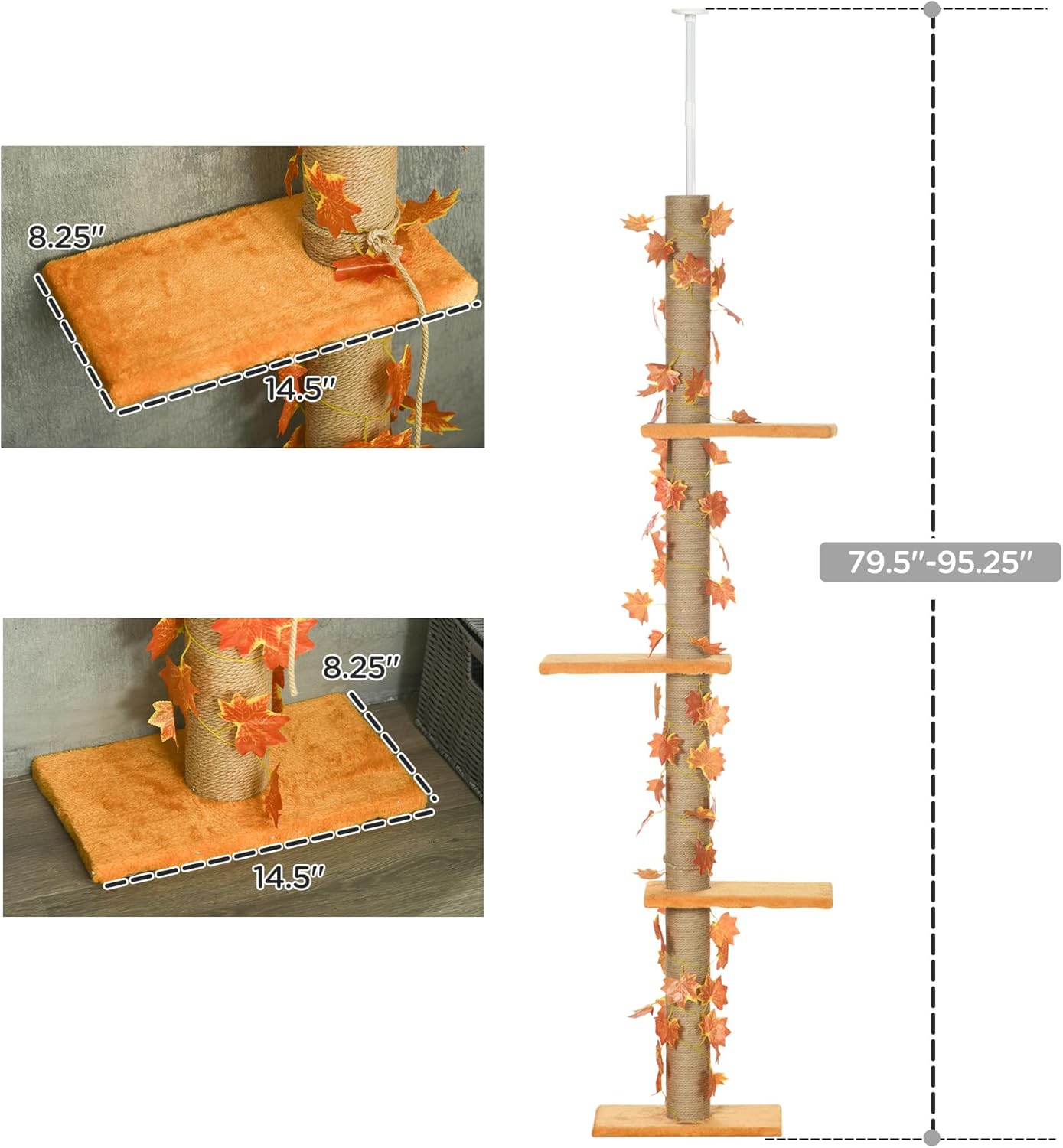 Pawhut Floor to Ceiling Cat Tree, 80" - 95" Adjustable, 3-Level with Sisal Scratching Post D4704