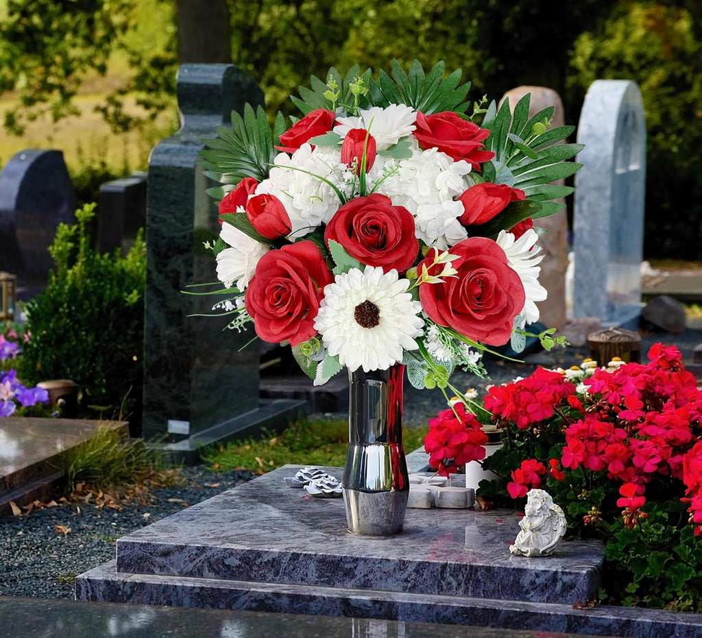 HENOMO Cemetery Flower with Grave Vase, Rose Mum and Hydrangea Mix Bouquet W182