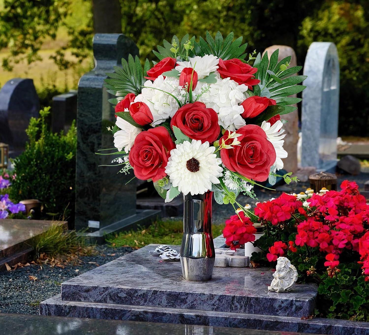 HENOMO Cemetery Flower with Grave Vase, Rose Mum and Hydrangea Mix Bouquet W182