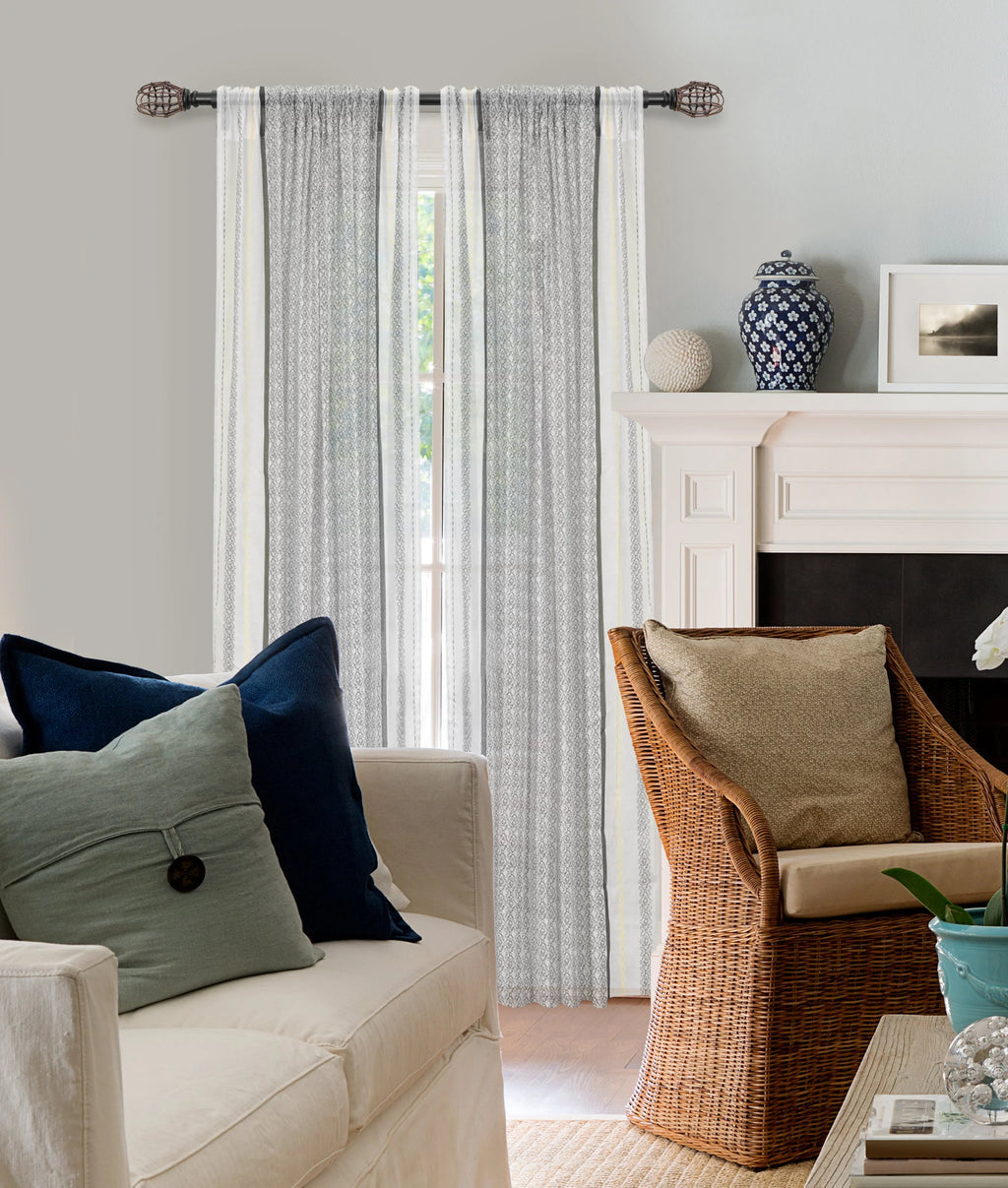66"-120" 7/8" dia. Drapery Single Curtain Rod Set with Rattan Tulip, Matte Black S504
