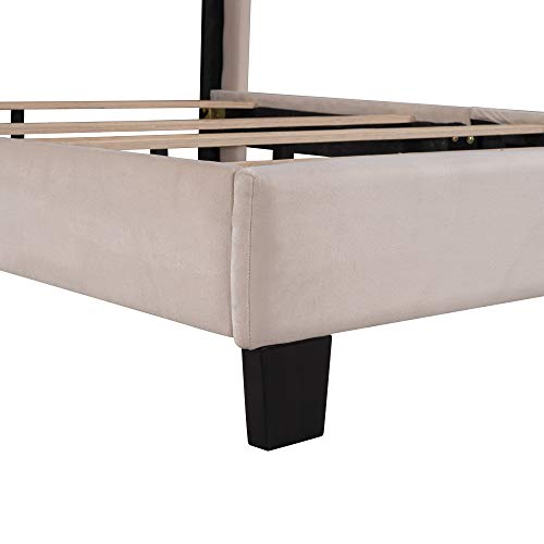 Queen Size Velvet Upholstered Platform Bed with Headboard and Wood Slat Support I749440