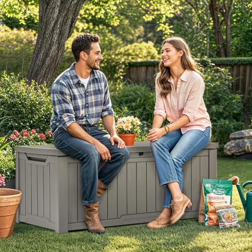 YITAHOME Outdoor Storage Box with Cushion, 120 Gallon, Lockable, Light Brown O374