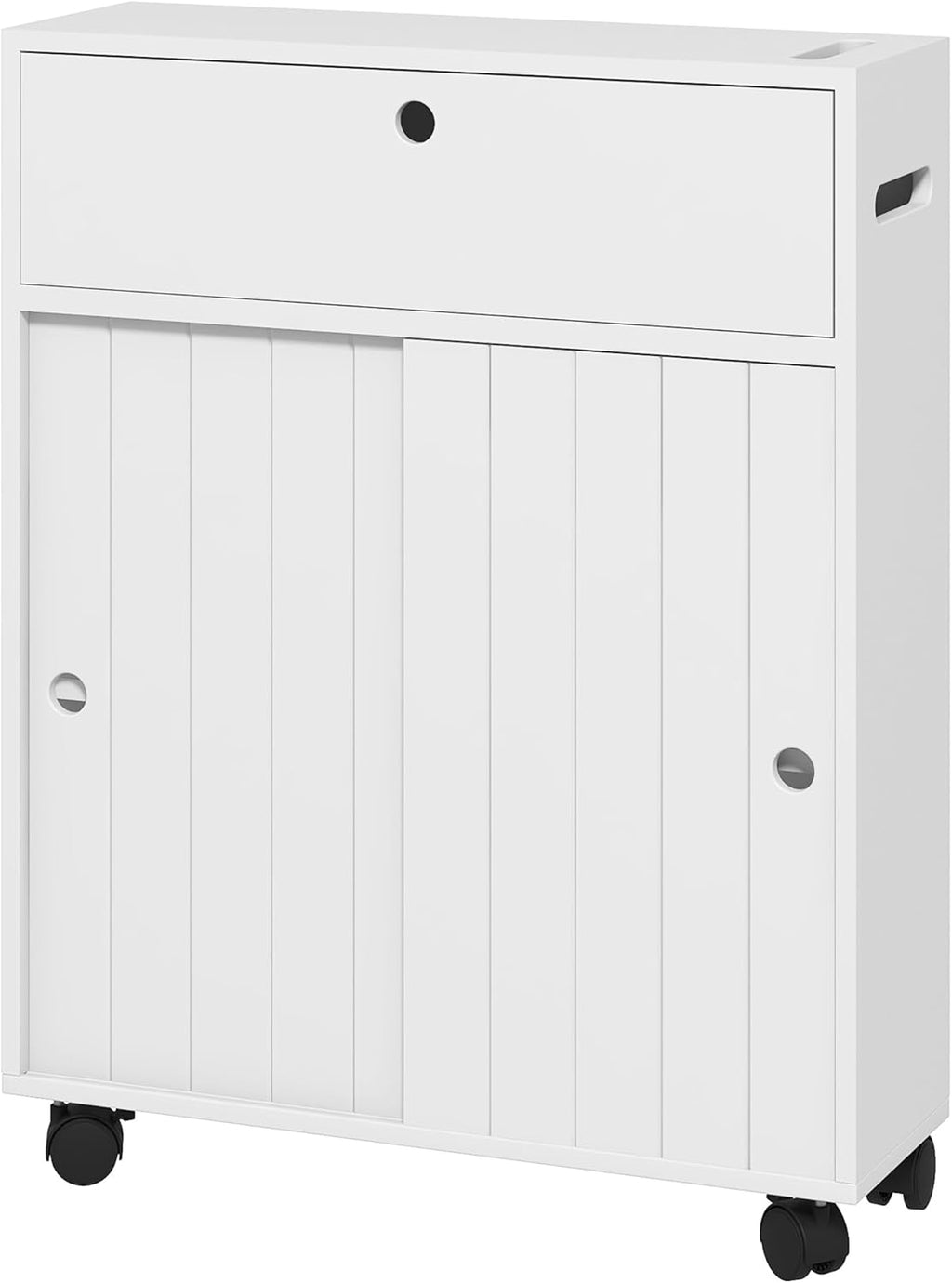kleankin Toilet Paper Cabinet, Slim Bathroom Cabinet with 4 Rolling Wheels, Small Bathroom Storage Cabinet with Paper Holes, Sliding Doors and Adjustable Shelf for Small Space, White
