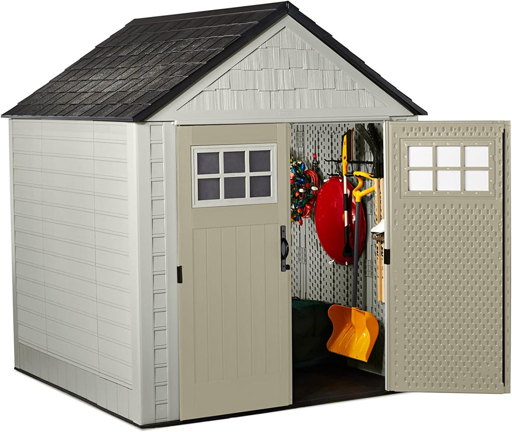 Rubbermaid Resin Outdoor Storage Shed with Floor, 7 x 7 Ft, Beige/Brown Q789479