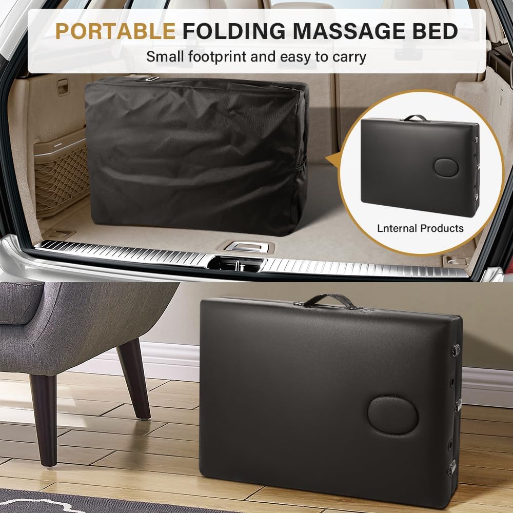 KKTONER Portable Massage Table 3 Fold Folding Bed with Carry Case, Height Adjustable, Black I184534