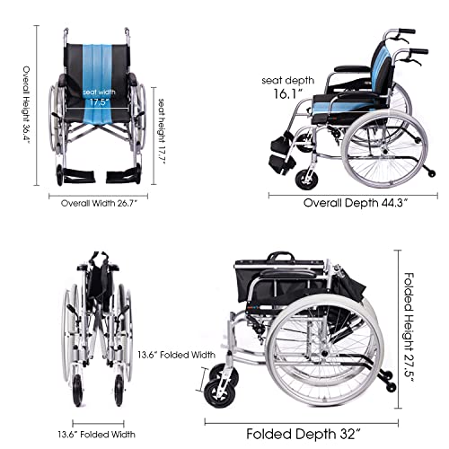 Lightweight Self-Propelled Wheelchair 21lbs with Travel Bag and Cushion, Blue I966872
