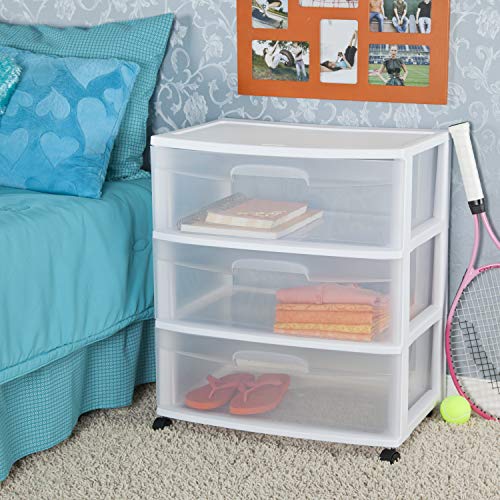 Sterilite Wide 3 Drawer Storage Cart, Plastic Rolling Cart with Wheels, White with Clear Drawers A596
