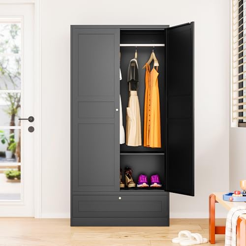 Metal Wardrobe Cabinet with Doors, Adjustable Shelves and Hanging Rod, 72" M706077