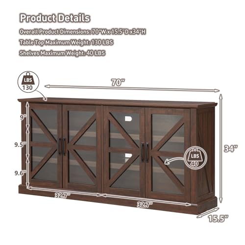 Farmhouse Buffet Cabinet with Storage, 70" Wood Rustic Sideboard, Dark Grey U273356