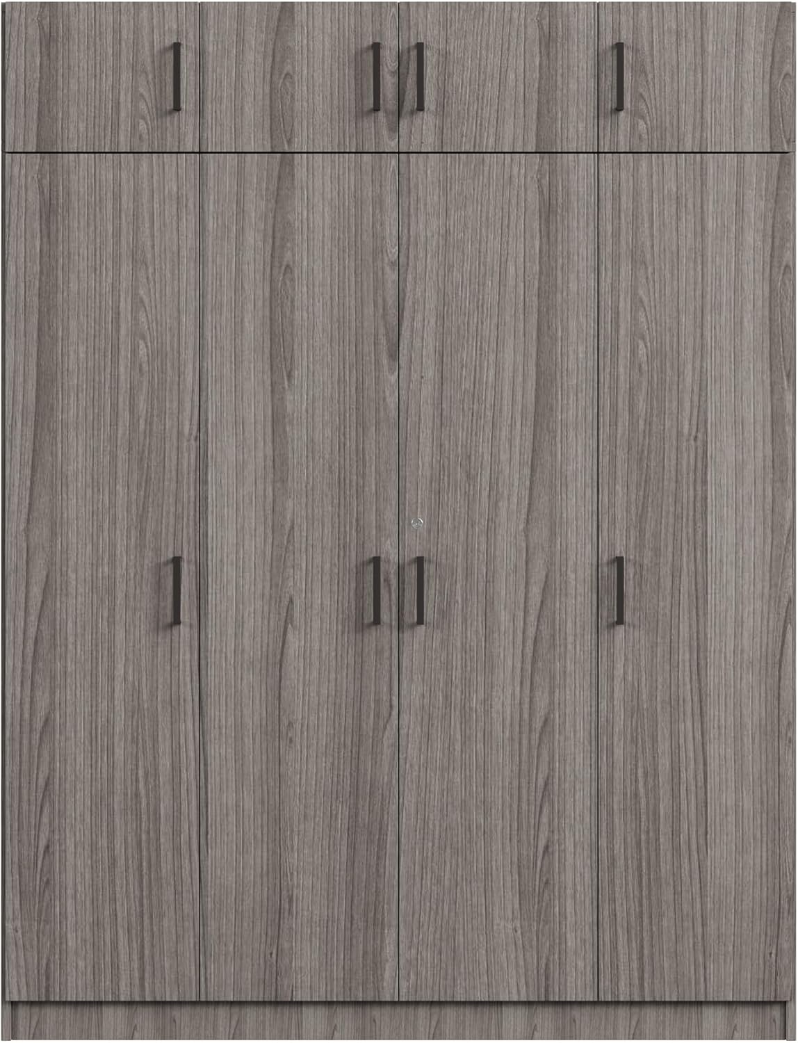 Modern 4-Door Wardrobe with Drawer, Wood High Cabinet Closet, Gray C380