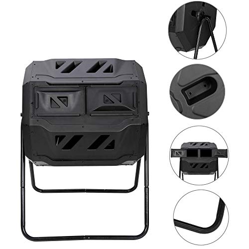 Outdoor Compost Bin Dual Chamber Tumbling 43 Gallon with Steel Frame, Black H3213