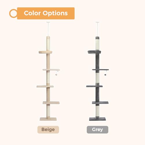 PETEPELA Cat Tower 5-Tier Adjustable Floor to Ceiling Cat Tree Grey G6821