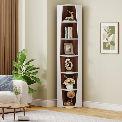 Tribesigns White and Walnut 6-Tier Corner Bookcase with Storage N44402