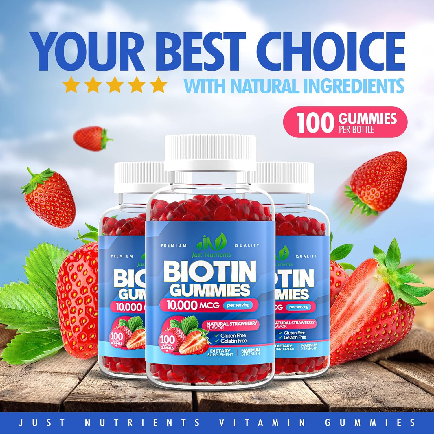 Biotin 10,000mcg Gummies for Women & Men, Strawberry Flavor, 100 Count R181