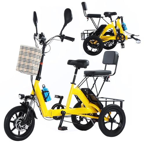 Green, Tricycle for Adults Foldable,14 Inch Folding Adult Electric Tricycle,with 48V 10.4AH Detachable Battery,Front and Rear Baskets for Shopping& Backrest, Front and Rear Lights