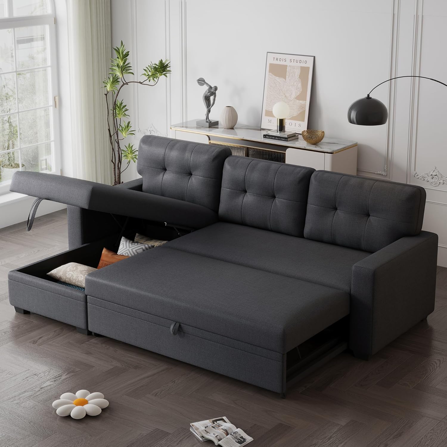 82" Upholstered Pull Out Sofa Bed with Storage Chaise,Linen Reversible Couch W/Tufted Backrest,3 Seater Sectional Sleeper for Living Room Apartment Office,Dark Gray