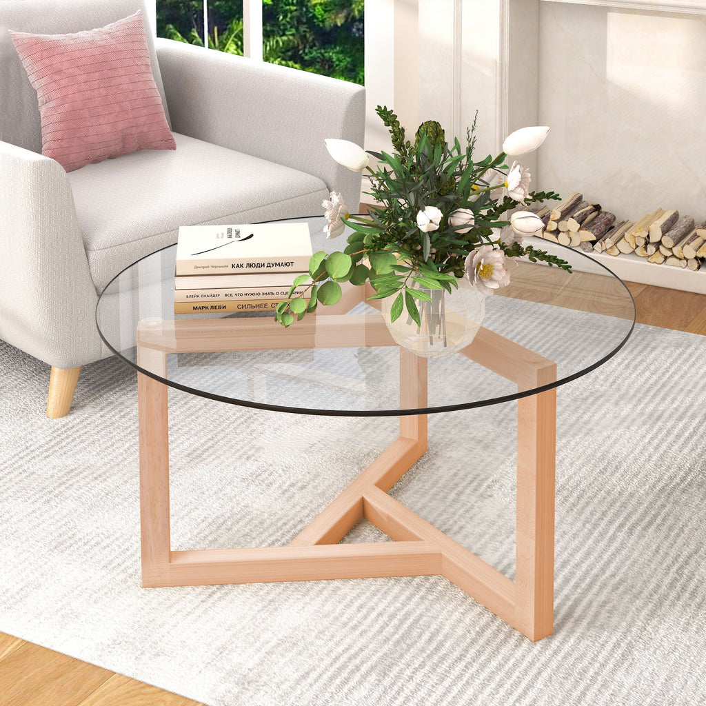 Round Glass Coffee Table with Tempered Glass Top & Wood Base Y46694