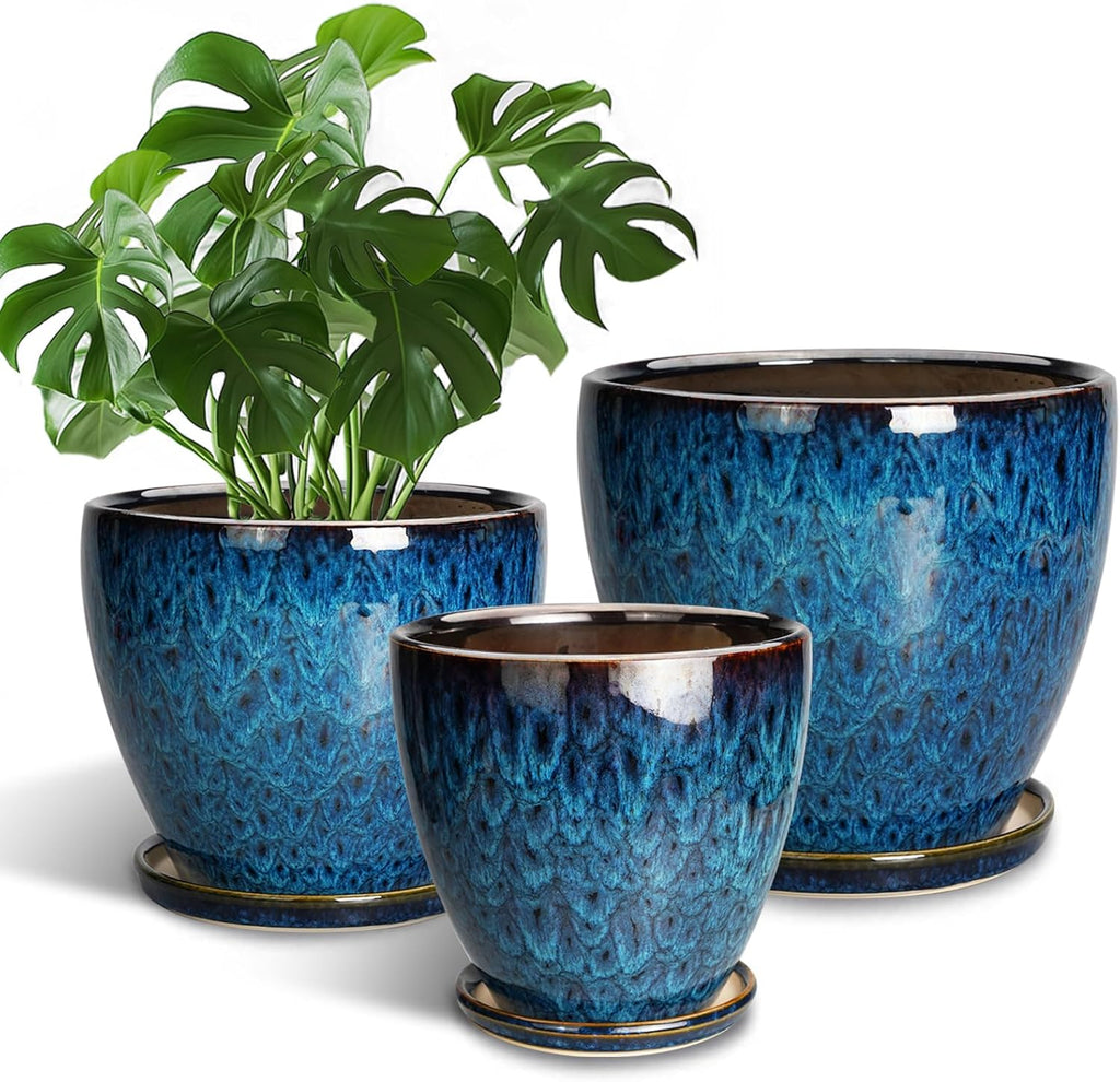 Plant Pots Indoor, Ceramic Planters Pots with Drainage Holes and Saucers, 10+8+6 Inch, Set of 3, Round Large Flower Pots for Indoor Outdoor Plants, Blue