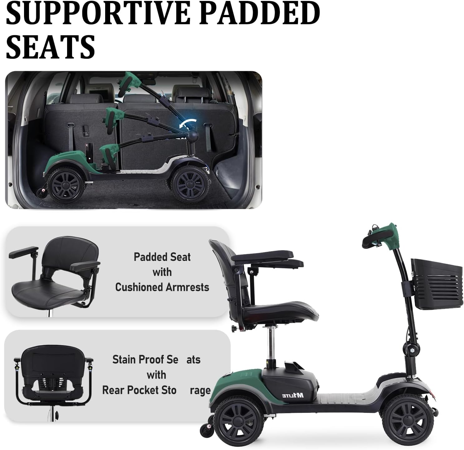 Electric Mobility Scooter for Adults with Seat, 300 lbs Capacity, Green U439785