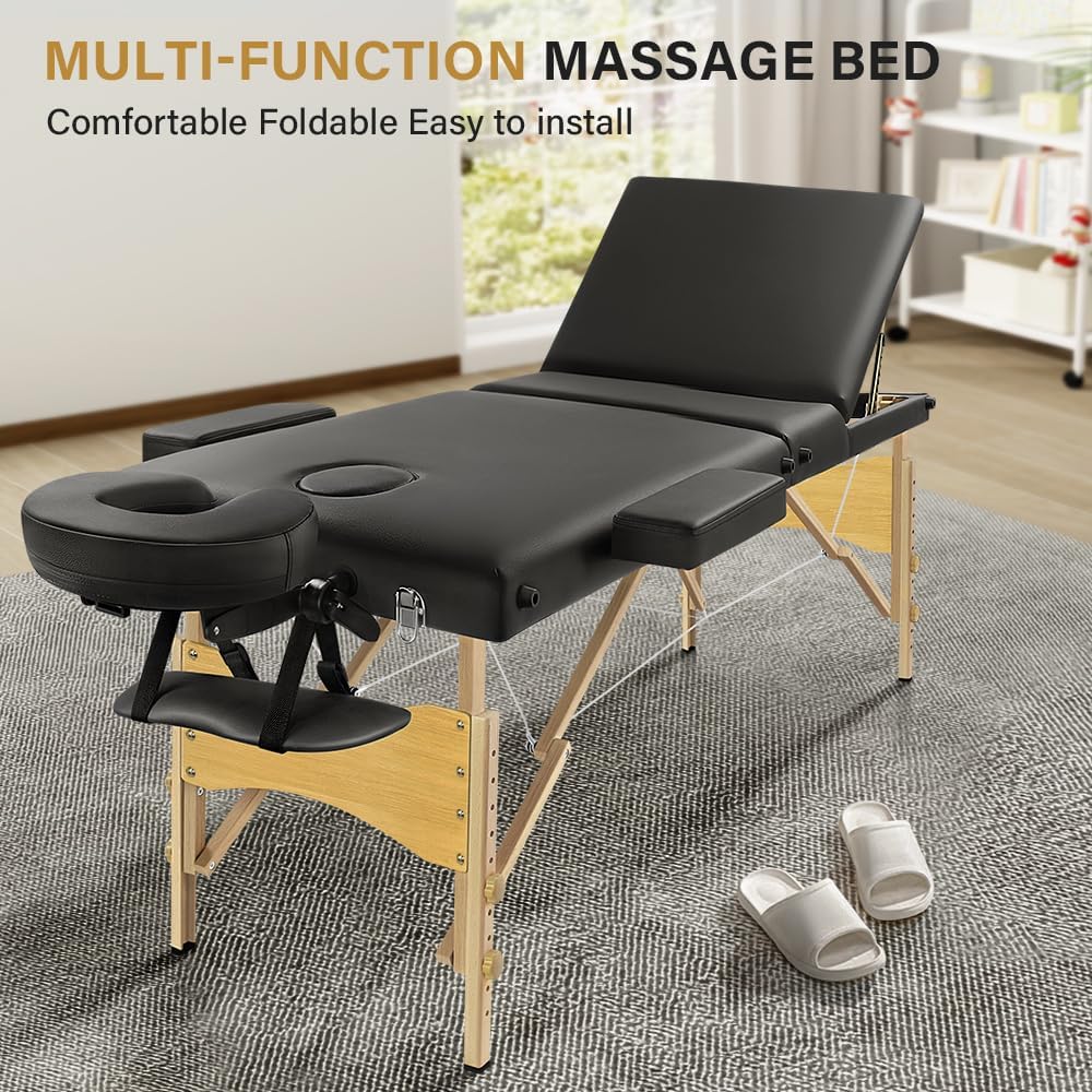 KKTONER Portable Massage Table 3 Fold Folding Bed with Carry Case, Height Adjustable, Black I184534