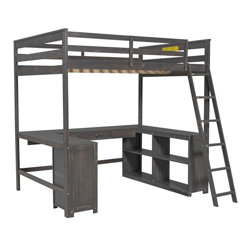Harper & Bright Designs Full Size Loft Bed with Desk and Bookshelf, Solid Wood, White Y879