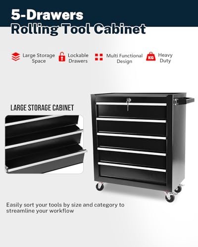 5-Drawer Rolling Tool Chest with Brake Casters, Black E95317