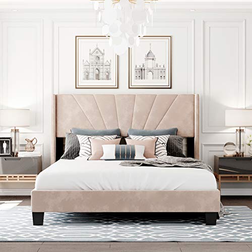 Queen Size Velvet Upholstered Platform Bed with Headboard and Wood Slat Support I749440