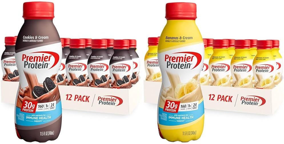 Premier Protein Shake Cookies & Cream and Bananas & Cream, 30g Protein, 1g Sugar, 24 Vitamins & Minerals, 12 Pack Bundle